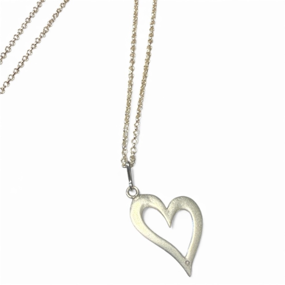 Vintage Open Silver Heart Dainty Pendant Necklace, 22” Long